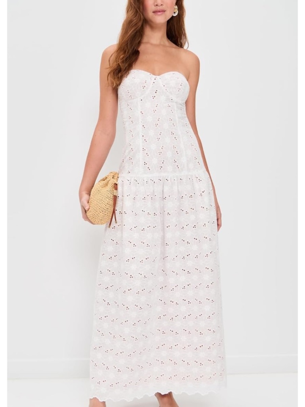 White Damaris Strapless Eyelet Midi Dress